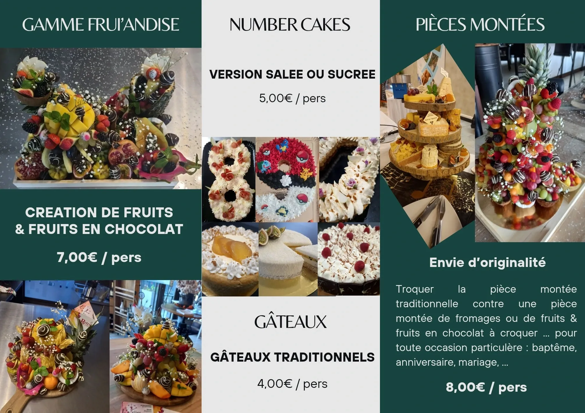 Plaquette « Frui'andise & Événementiel » de L'Atelier : détail des produits et des tarifs