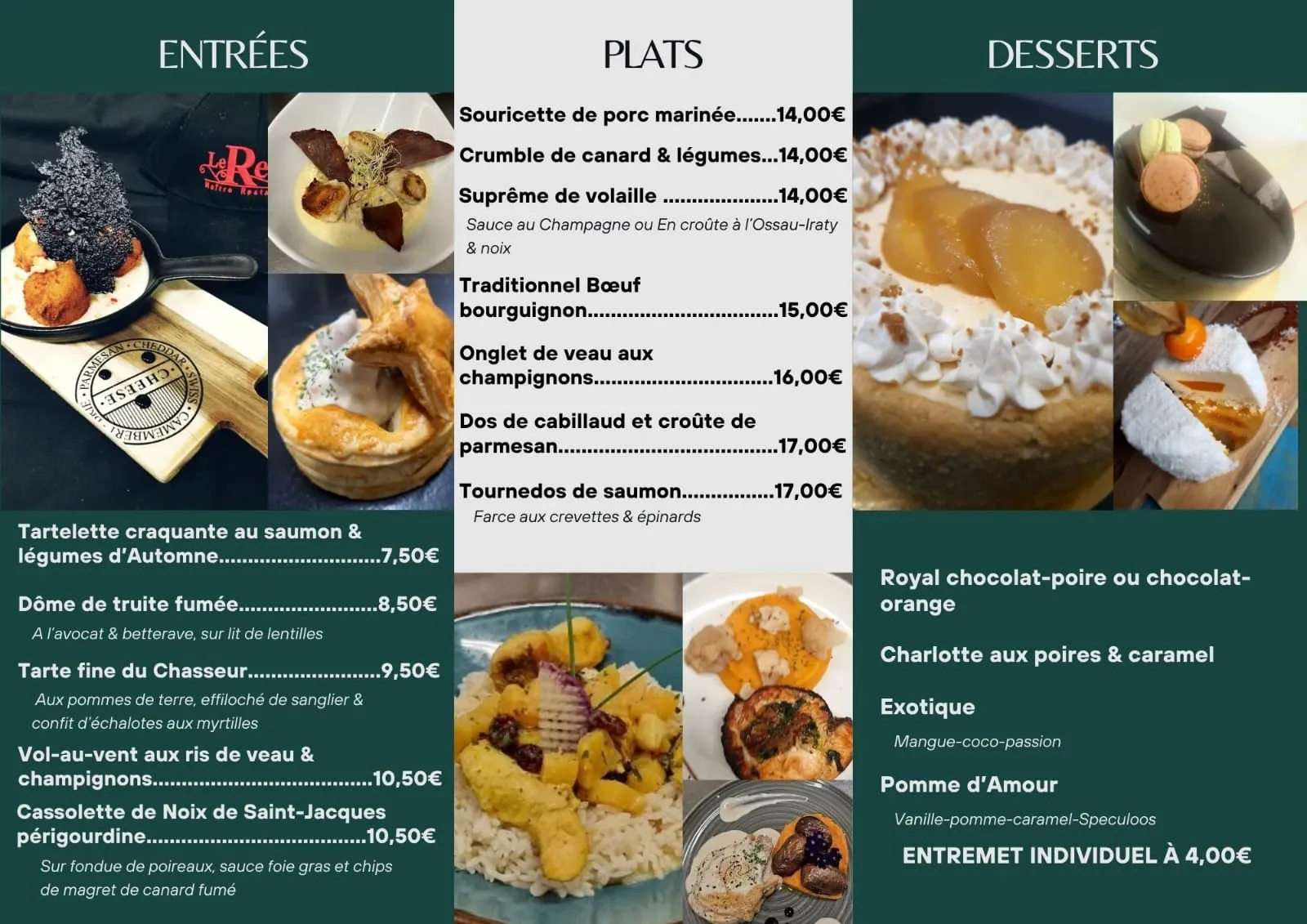 Plaquette « Menu à la carte » de L'Atelier : détail des produits et des tarifs